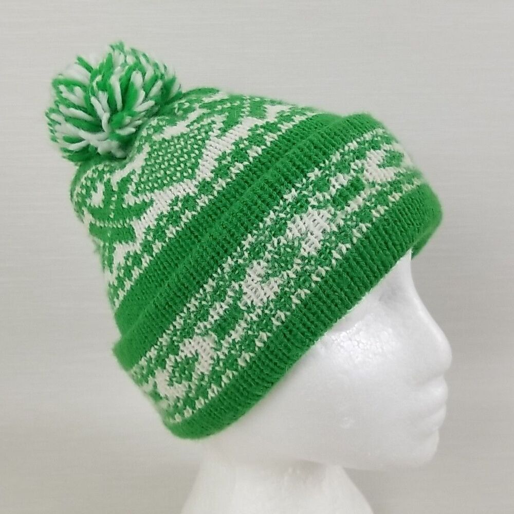 Vintage White and Green knit pom ski hat snow and snowflake pattern Beanie